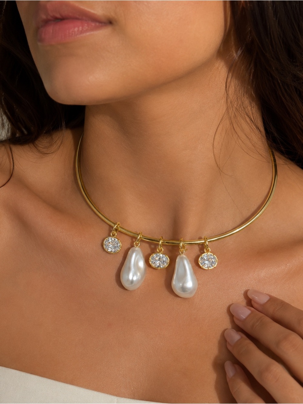 Gold Pearl Drop Choker Necklace with Crystal Charms